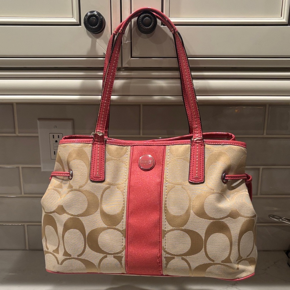 Coach Signature Beige and Coral Tote